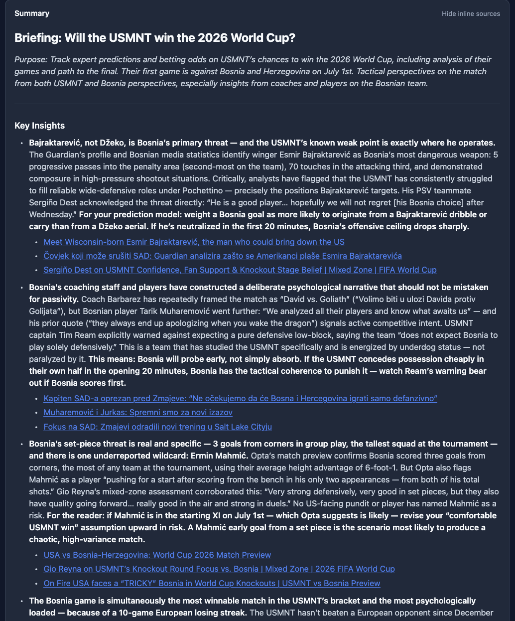 A Header briefing titled "Will the USMNT win the 2026 World Cup?", showing a purpose summary and key insights on Bosnia's tactical threats, each with linked sources.